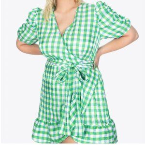 NWT Tanya Taylor Natasha Check Wrap Dress Green Halogen Gingham Women's Size 18